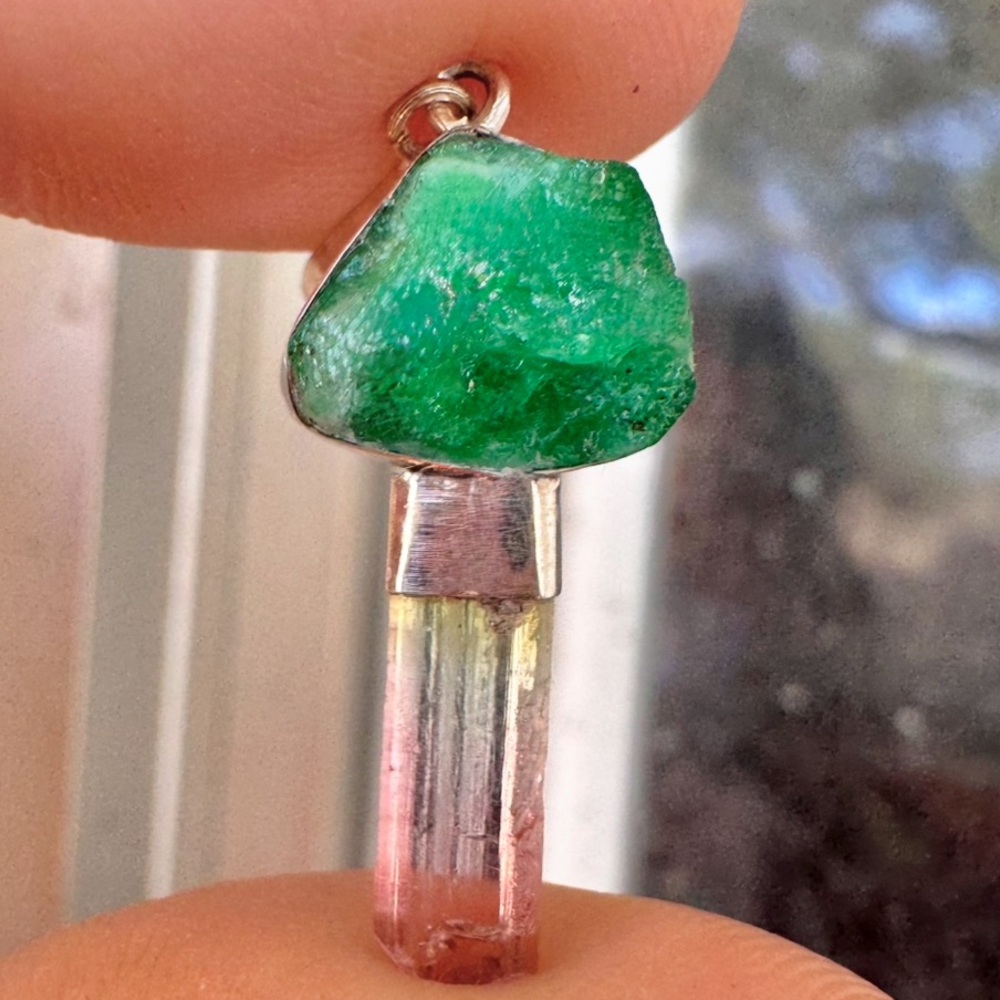 Rare genuine raw emerald/ bi tourmaline stick pendant custom made